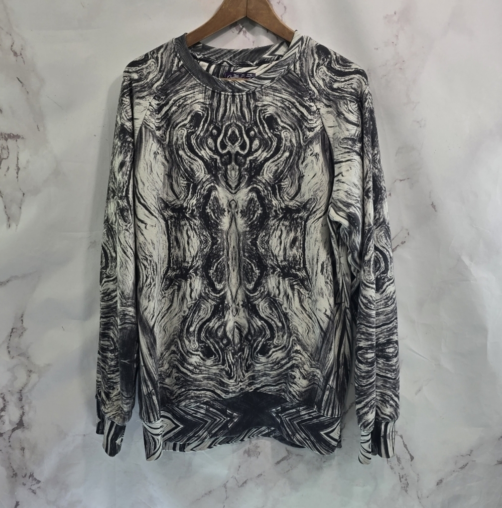 Double Needle Sweatshirt Mens Large Vintage Y2K Black Crew Pullover Abstract